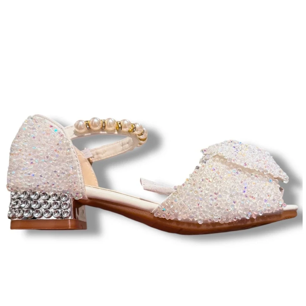NIB SaiBeiji Kids Girls White Sparkle Bow Pearl Strap Dress Shoes Sz 11.5